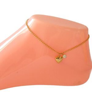 Puffy Heart‎ Anklet Ankle Bracelet Faux Pearl Gold Tone Dainty Delicate Coastal.